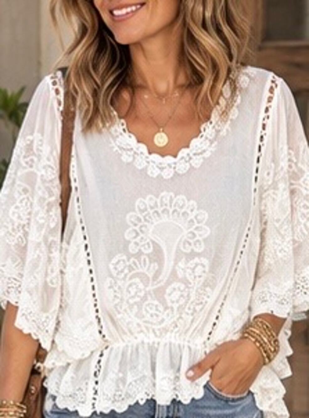 Umgee USA White Embroidered Boho Blouse Top Large Crochet Lace Flutter Sleeve